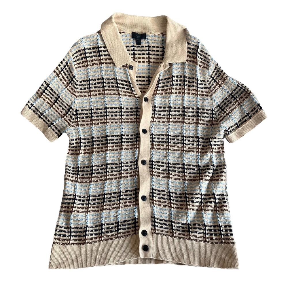 Truth by Republic Men's Tan Striped Crochet Knit Cardigan Sweater Medium M